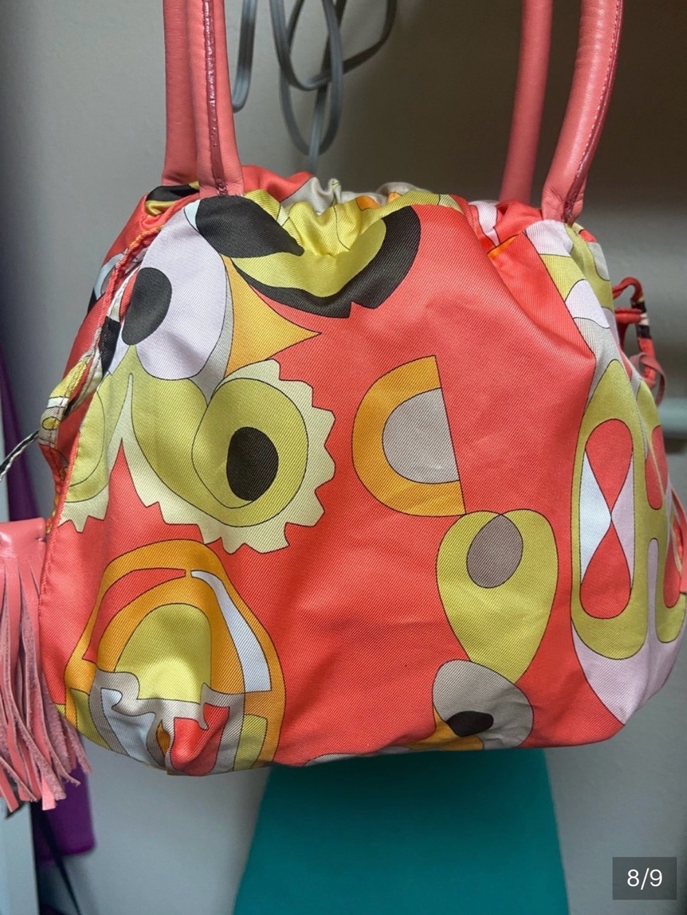 Emilio Pucci Coral Multicolor Abstract Drawstring Shoulder Bag